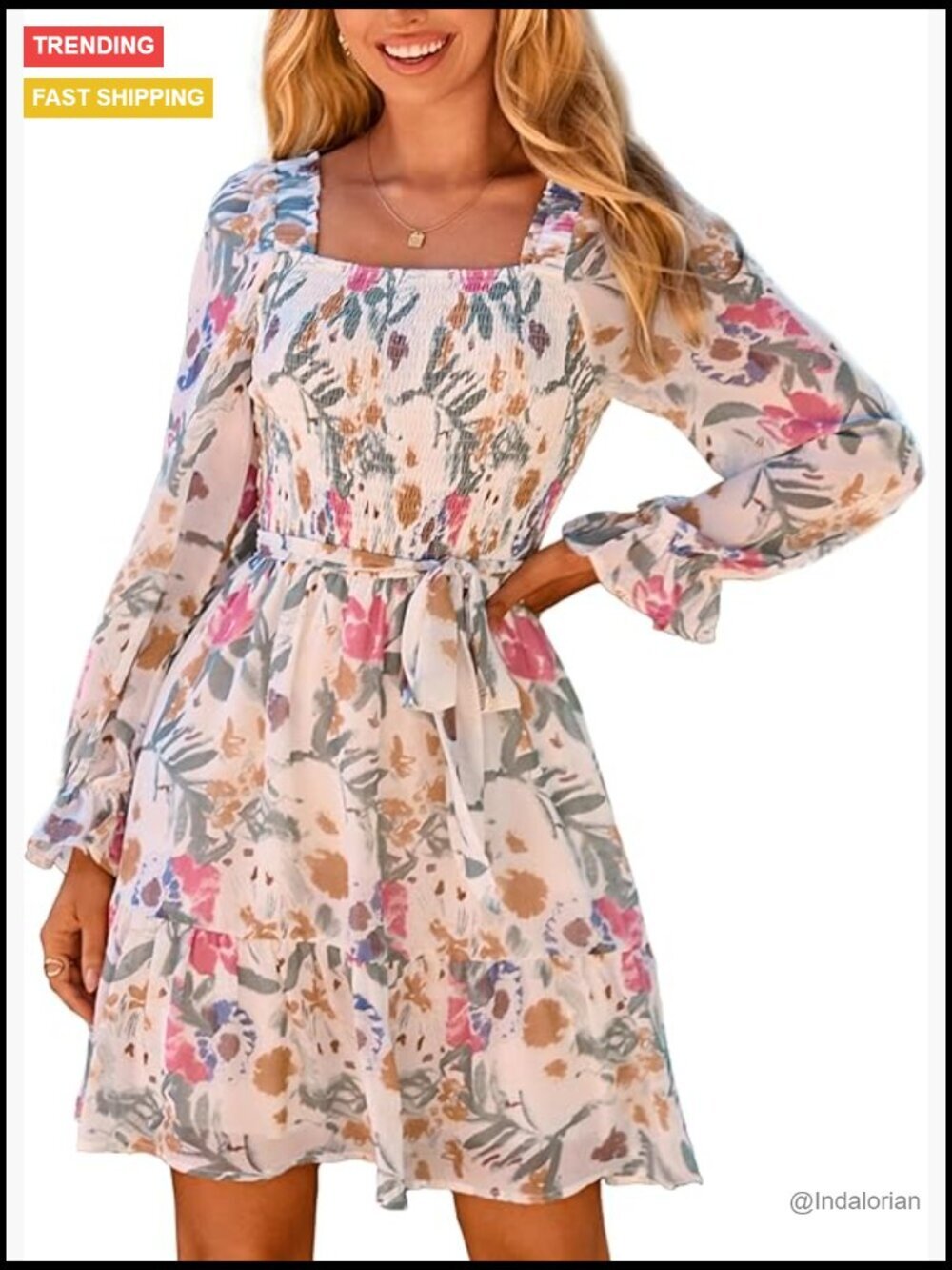 Long Sleeve Floral Mini Dress Square Neck Smocked A-Line Flowy Wedding Guest